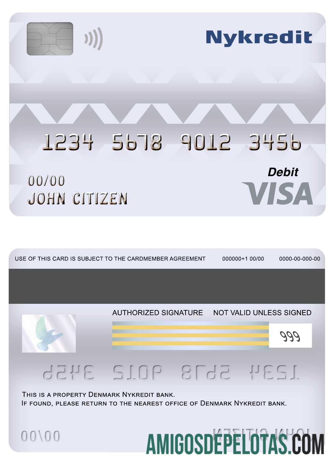 Cartão de débito Visa do Nykredit Bank da Dinamarca amostra